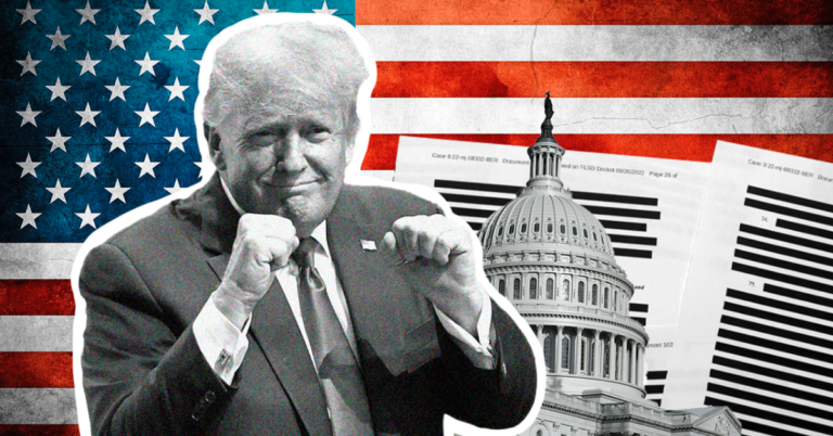Bandera estadounidense de fondo, con Donald trump al frente